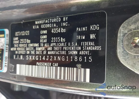 2022 Kia K5 Lxs from USA, damaged, VIN 5XXG14J2XNG118615